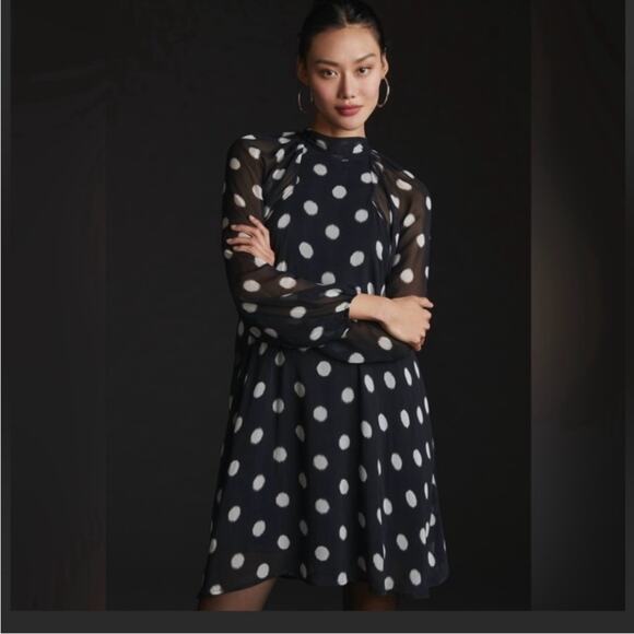 Anthropologie Maeve black white polka dot dress open back sheer sleeves sz xs - Picture 1 of 13